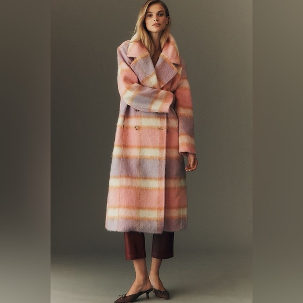 Anthropologie Maeve Wool Blend Plaid Long Coat Pink XXS NWT